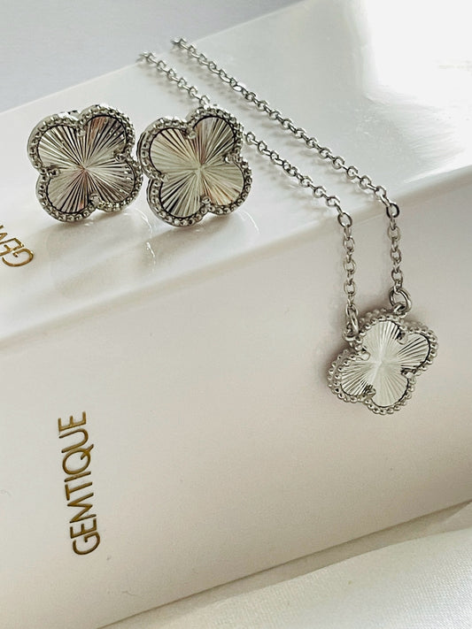 Silver clover flower necklace set