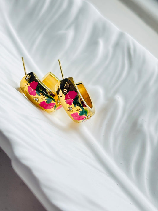 Hand painted rose hoop earrings
