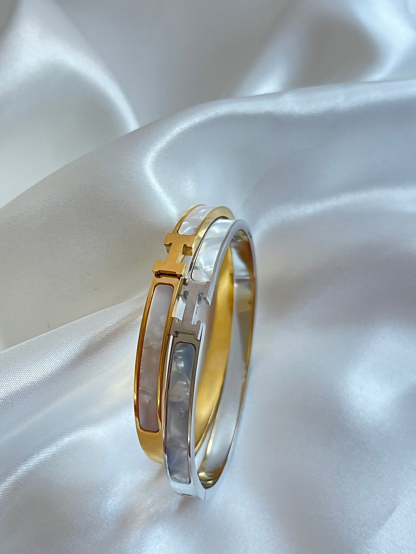 Mother of Pearl H initial bangle bracelet